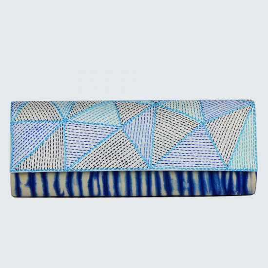 Blue tie-dye kantha stich hand purse
